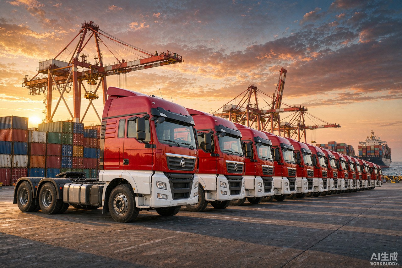 New HOWO tractor trucks lined up at a Chinese export port