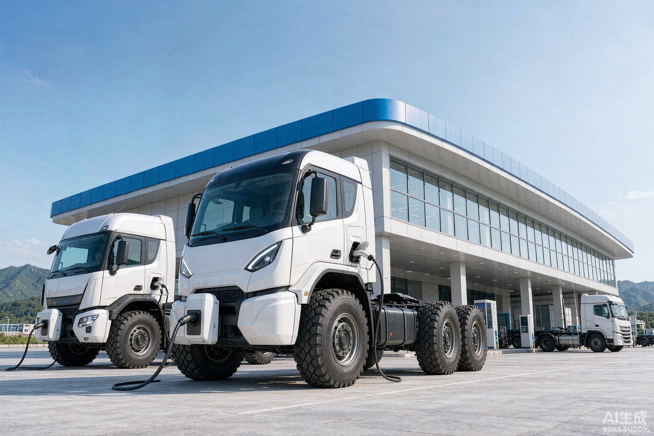 Electric tractor trucks charging at a logistics hub