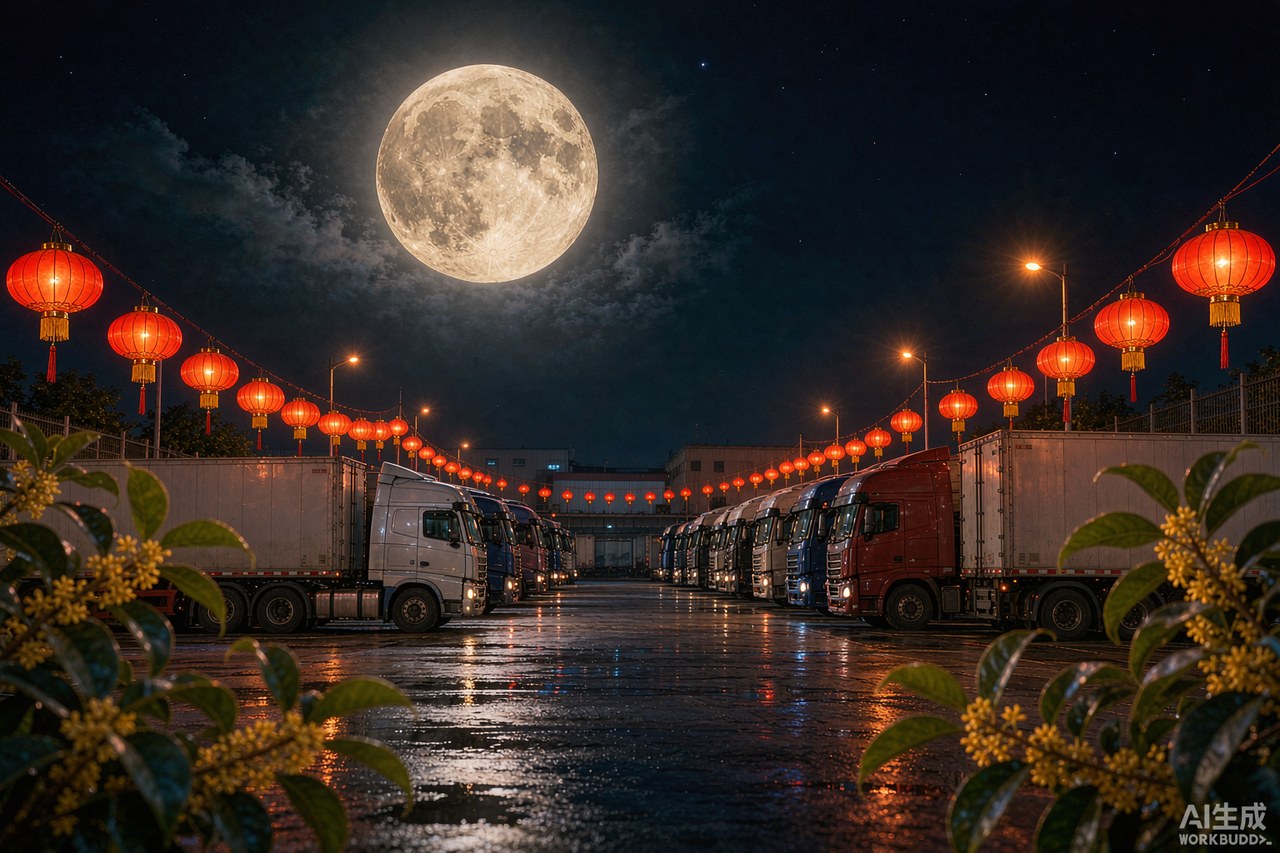Full moon over trucks parked at a depot during Mid-Autumn Festival