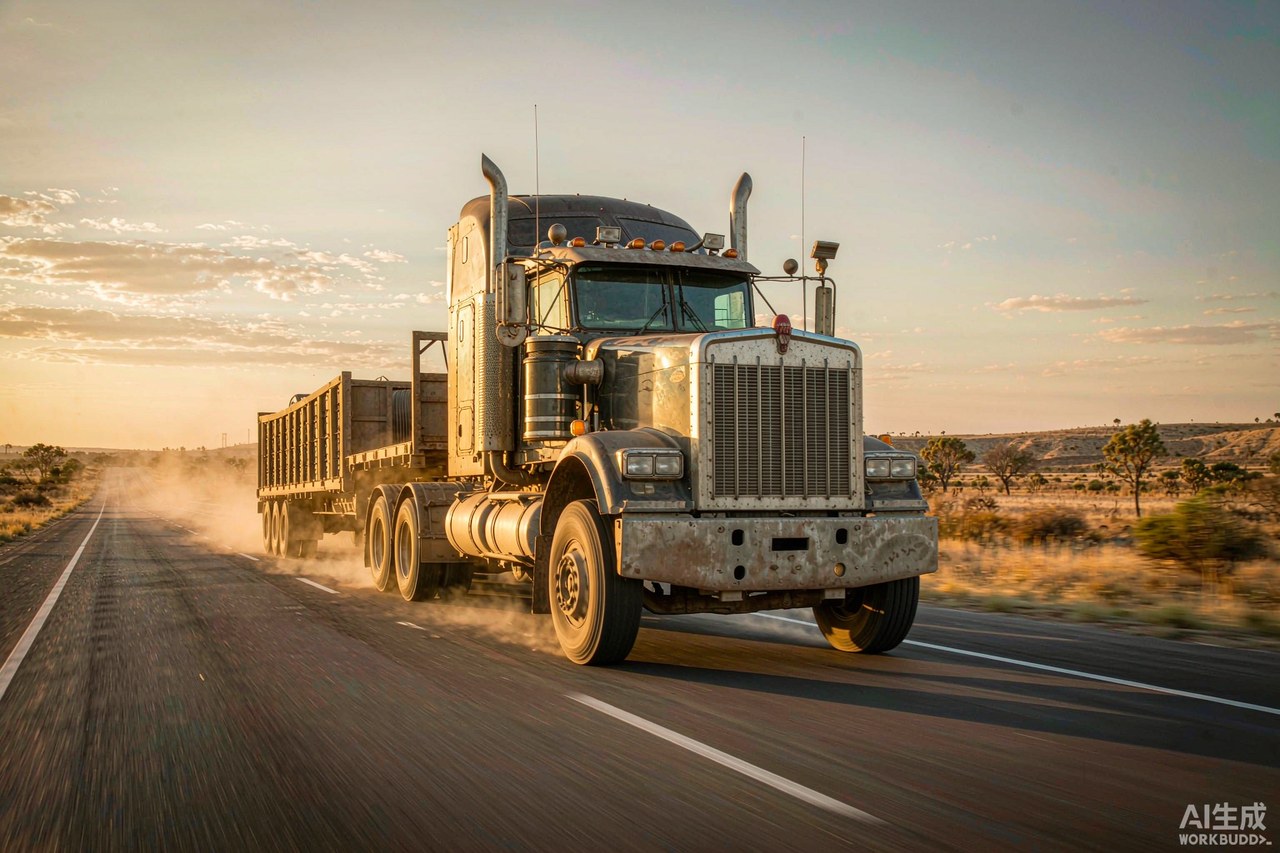 Heavy duty diesel tractor truck hauling a trailer on a highway