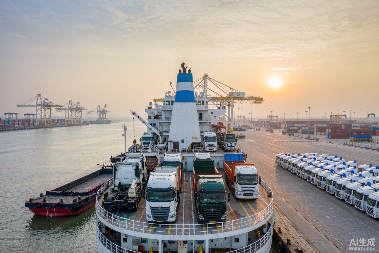 Heavy trucks being loaded onto a vehicle carrier ship at a Chinese port