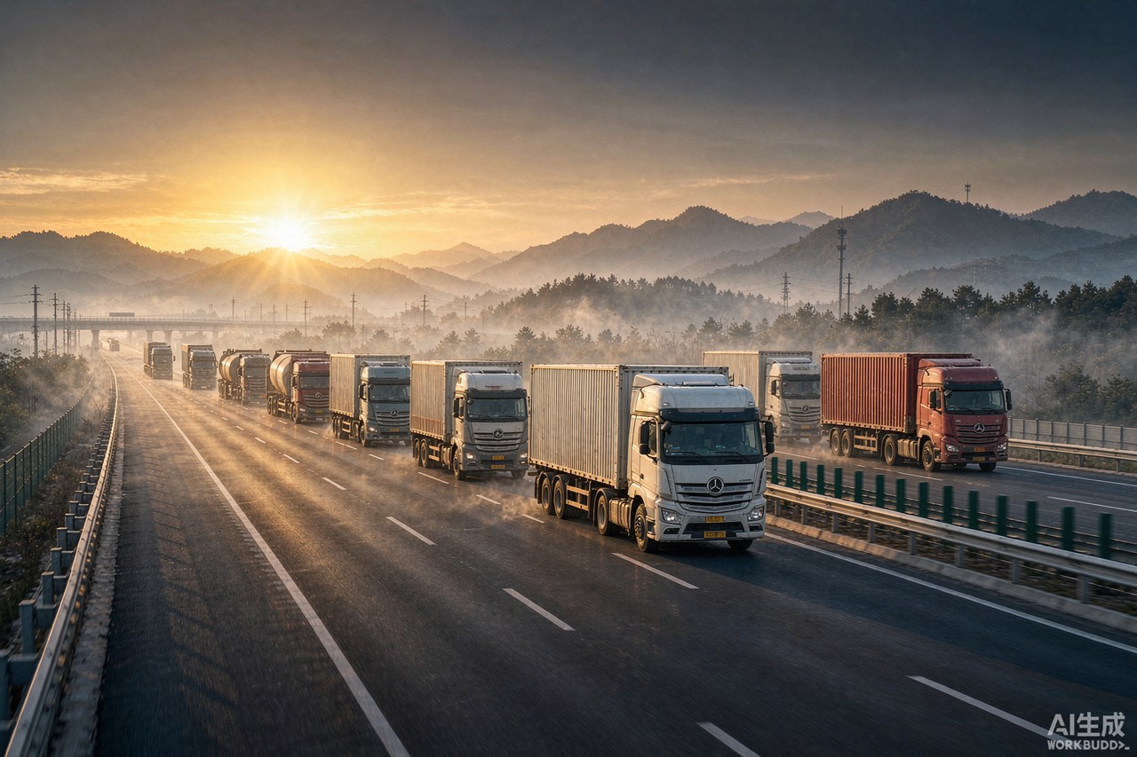 Convoy of heavy trucks on an expressway at sunrise