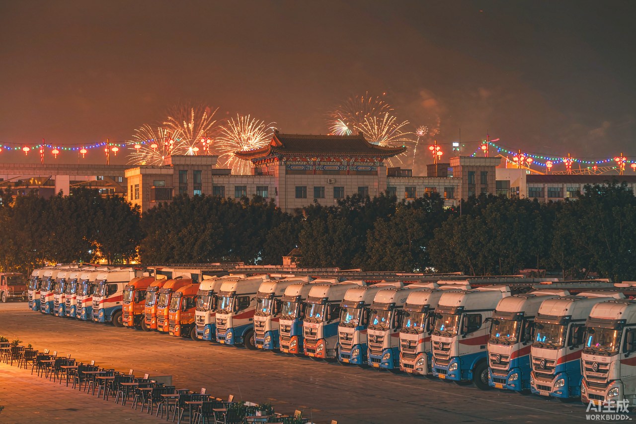 Truck depot decorated for a national holiday celebration