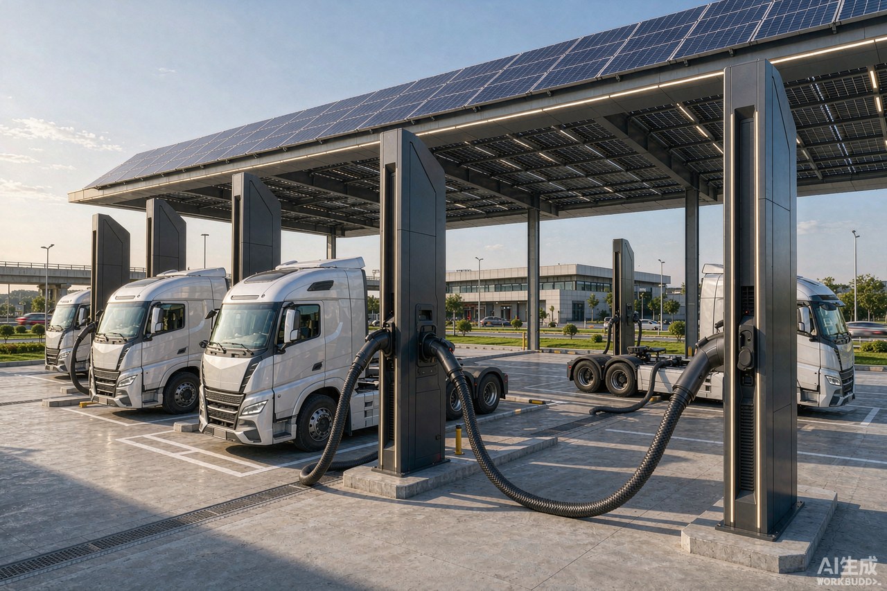 Electric heavy trucks charging at a megawatt charging station