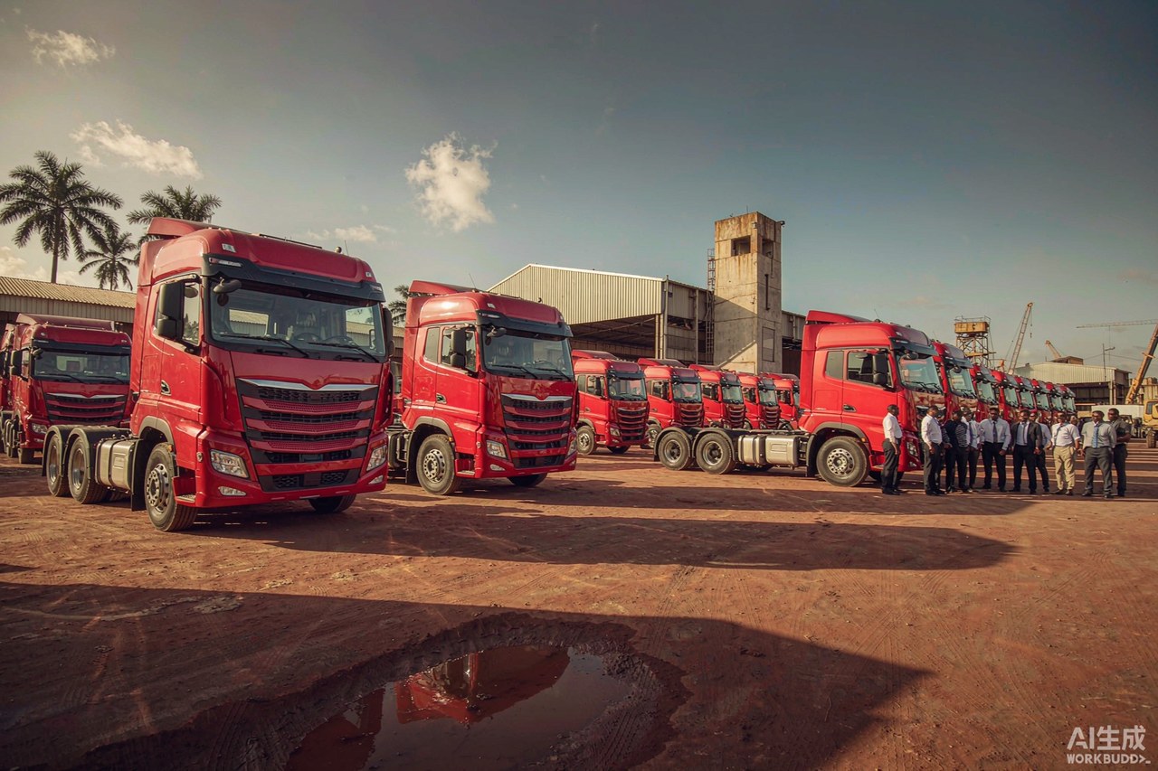 New red 6x4 tractor trucks lined up for delivery at a West African logistics yard
