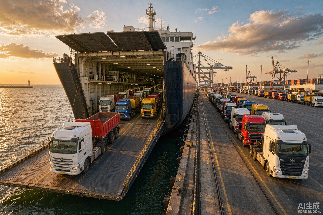 Roll-on roll-off ship loading heavy trucks at a Chinese port