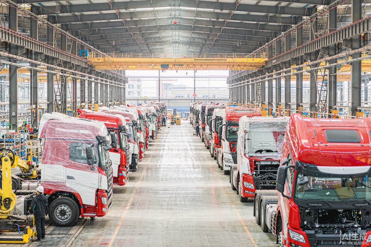 Heavy truck assembly line with new tractor trucks in a Chinese factory